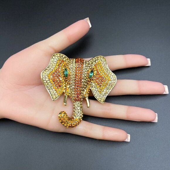 Yellow Gold with Champagne Topaz Crystal Tusked Elephant Pin Back Brooch - Picture 9 of 9